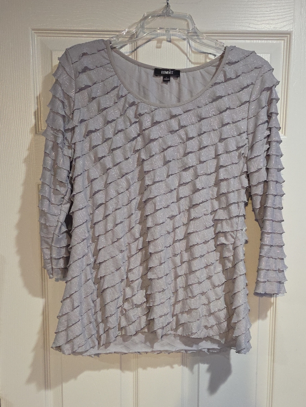 Elementz Silver-Gray Layered Ruffle Long Sleeve Scoop Neck Top